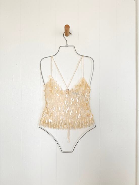 BCBGMaxAzria Tops - Vtg 90s/ Y2K BCBGMAXAZRIA Cream Sequin Silk Fringe Top Fairy Whimsy Clubwear